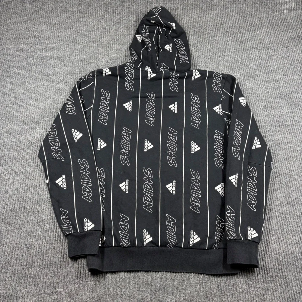 Adidas Hoodie Mens M Black White All Over Print Logo Pinstripe Sweatshirt